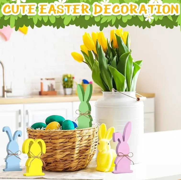 DIY Wooden Signs Spring Bunny Decor Easter Rabbits Shape Signs Easter Tiered Tray Decor with Rope for Easter Party