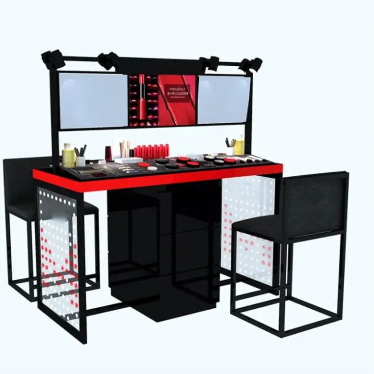 Costom Beauty Store Makeup Vanity With Lighted Mirror Cosmetics Shop Decoration Display Stand Gondola Perfume Display Cabinet Costom Beauty Store Makeup Vanity With Lighted Mirror Cosmetics Shop Decoration Display Stand Gondola Perfume Display Cabinet