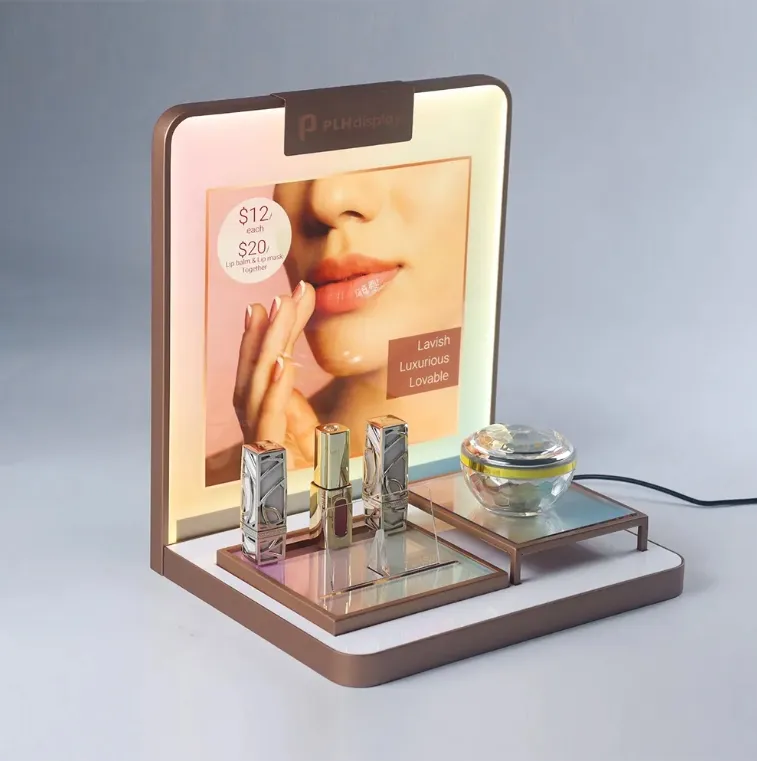 High-end Durable Metal Cosmetic and Skincare Product Display Stand With LED Lights Lipstick Display 